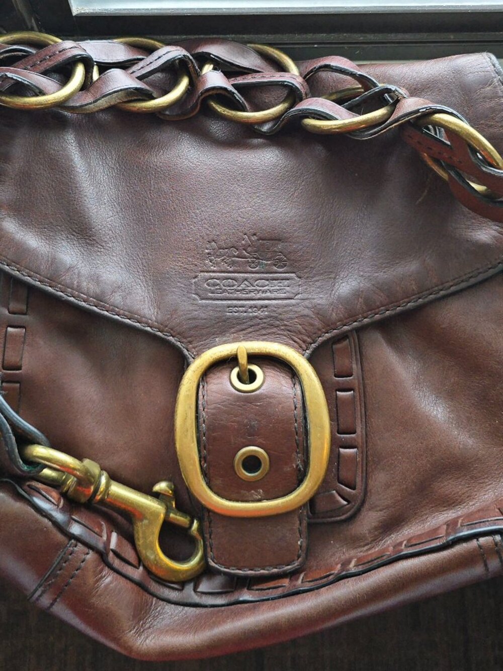 COACH Bleecker Legacy Tattersall Flap Leather Shoulder Bag Whiskey Brown